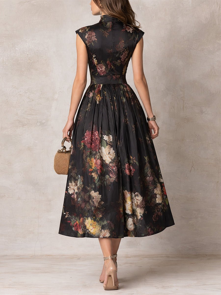 Elegant floral A-line midi dress for women, featuring a keyhole neckline. Ideal for cocktail parties & formal events.