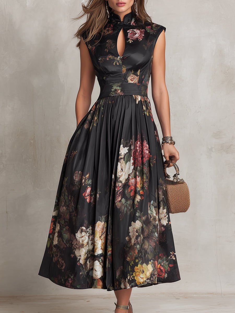 Beautiful floral print A-line midi dress for women, with a chic keyhole design. Great for special occasion parties.
