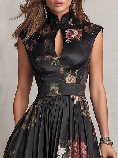 Stylish women's floral midi dress, A-line silhouette with keyhole & mandarin collar. Perfect formal or party dress.