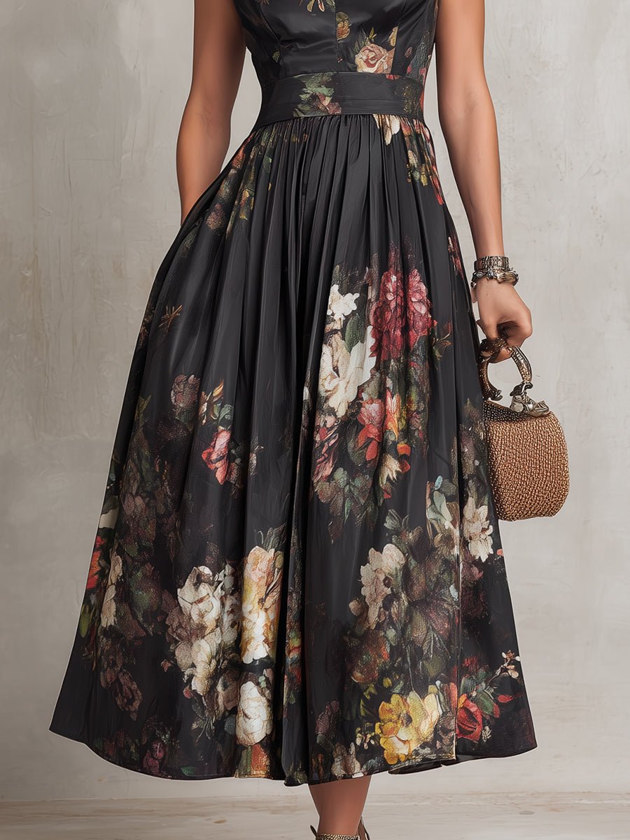 Chic women's floral A-line midi dress, keyhole detail. An elegant special occasion dress for parties & events.