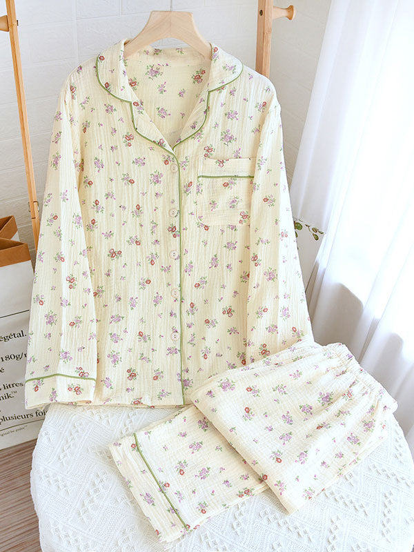Stylish women's button-down long sleeve pajama set featuring a delicate floral print, ideal gift