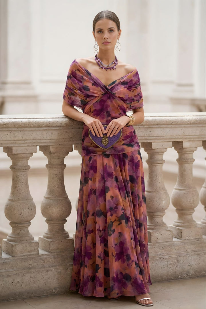 Summer essential: women's floral maxi dress, off-shoulder design, ruched, sweetheart neck.