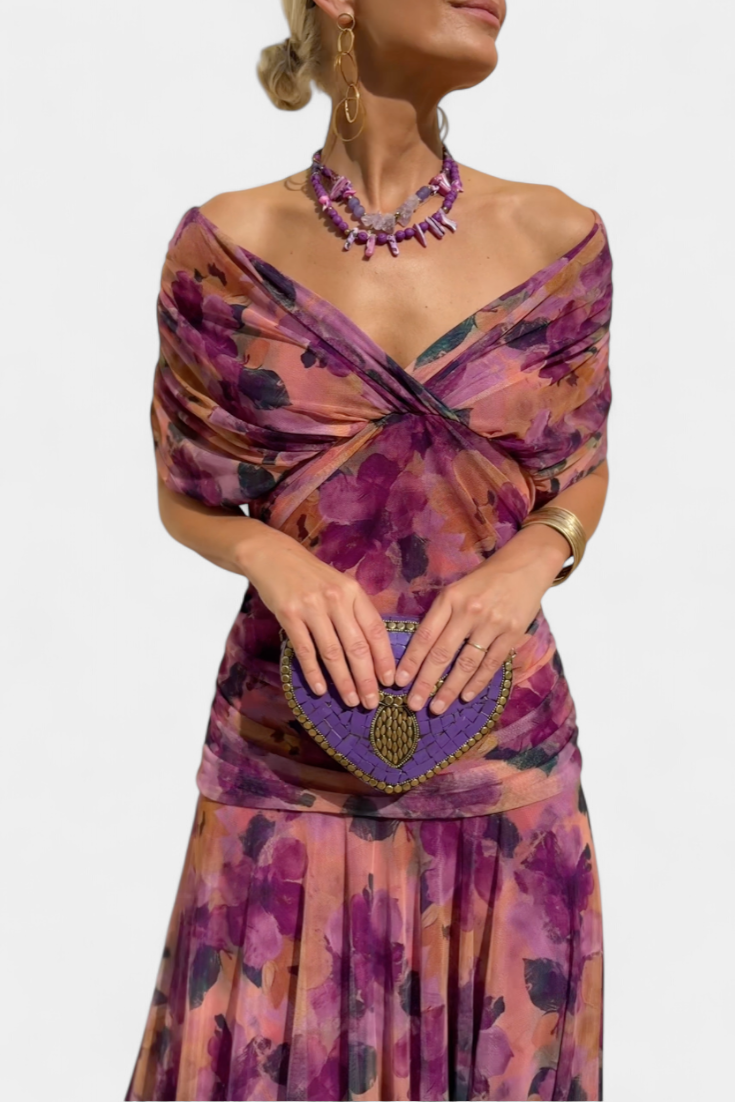Charming floral maxi dress, women's off-shoulder, ruched bodice, perfect for special occasions.