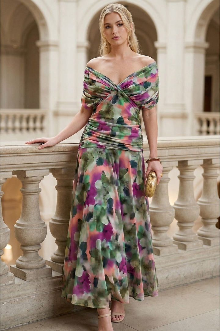 Vibrant floral off-shoulder maxi dress for women, ruched details, perfect for vacation.