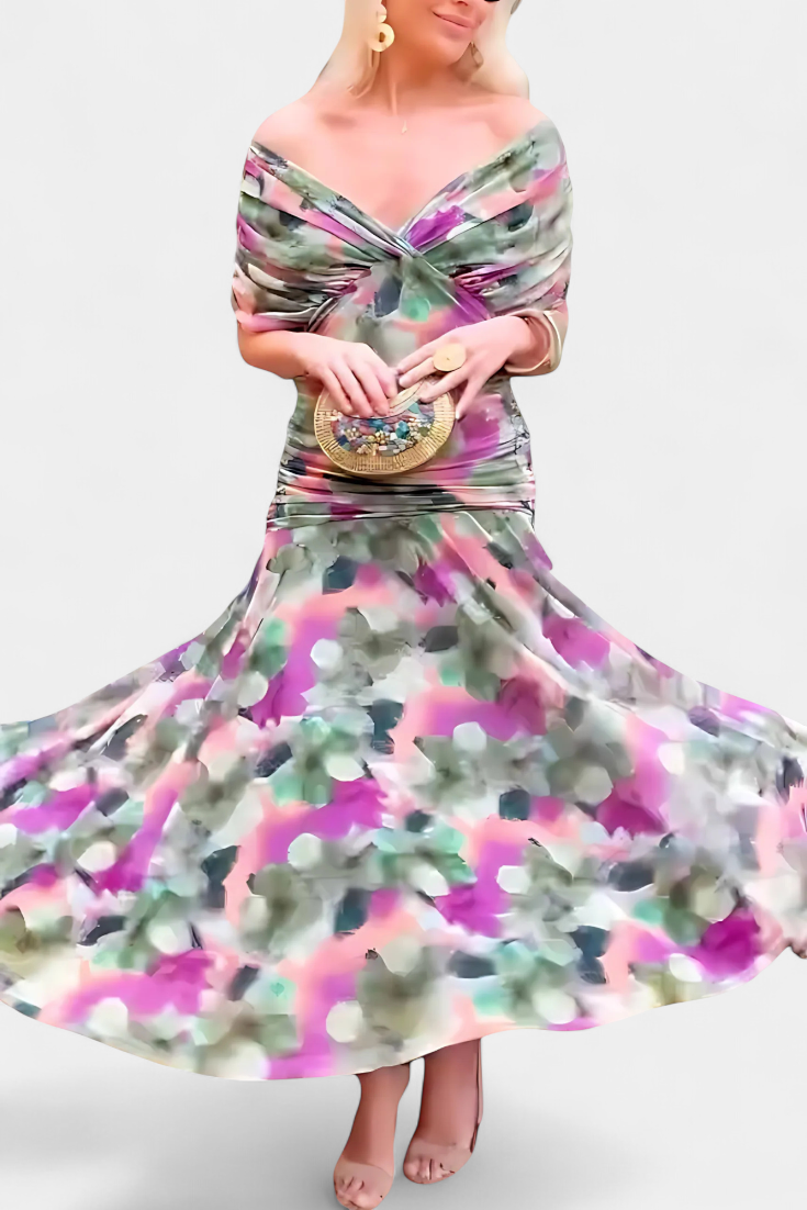 Long floral dress for women, off-shoulder design, ruched details, elegant summer style.