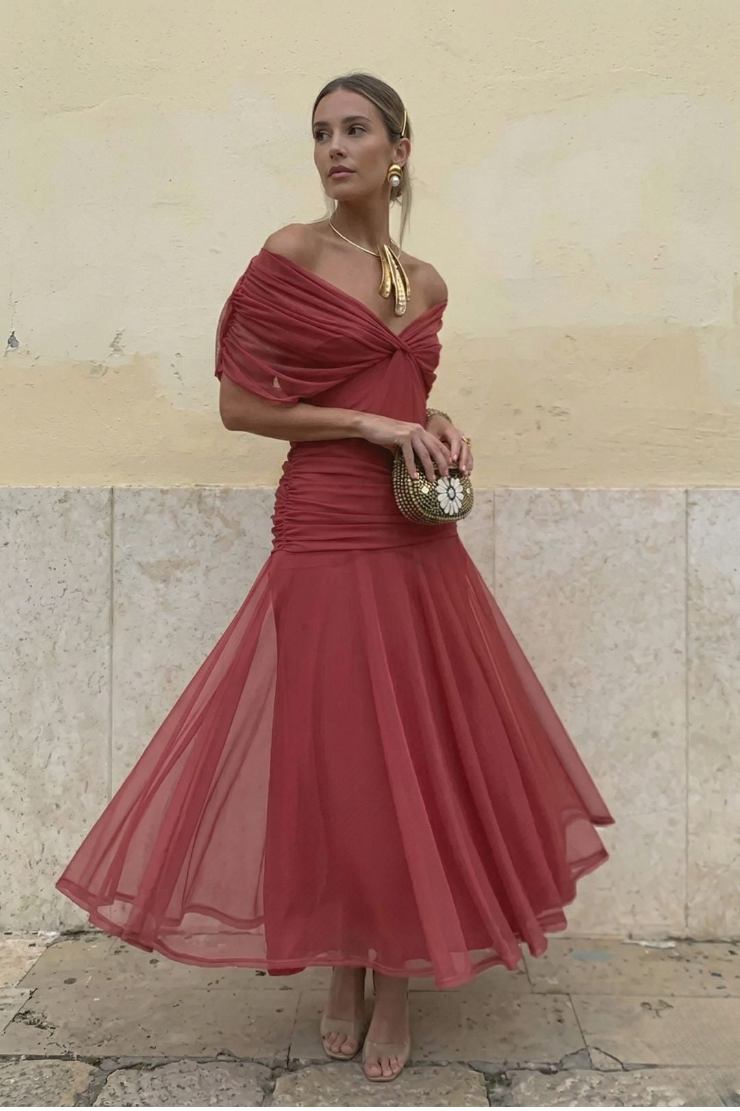 Women's party dress: off-shoulder floral maxi, ruched bust, sweetheart neckline, vibrant print.