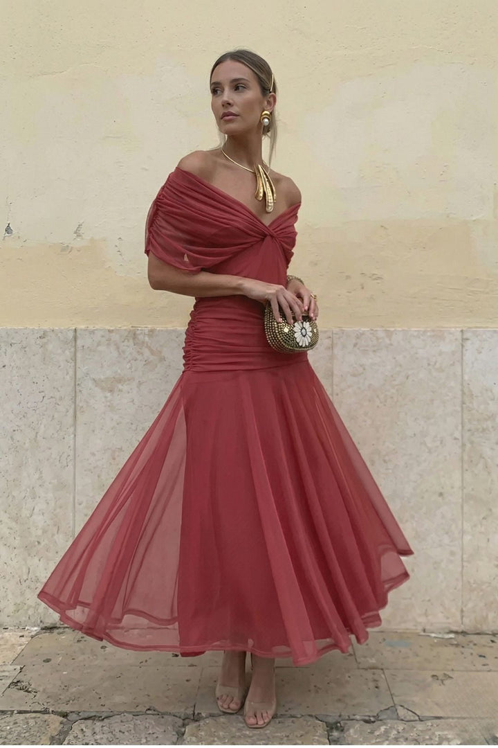 Women's party dress: off-shoulder floral maxi, ruched bust, sweetheart neckline, vibrant print.