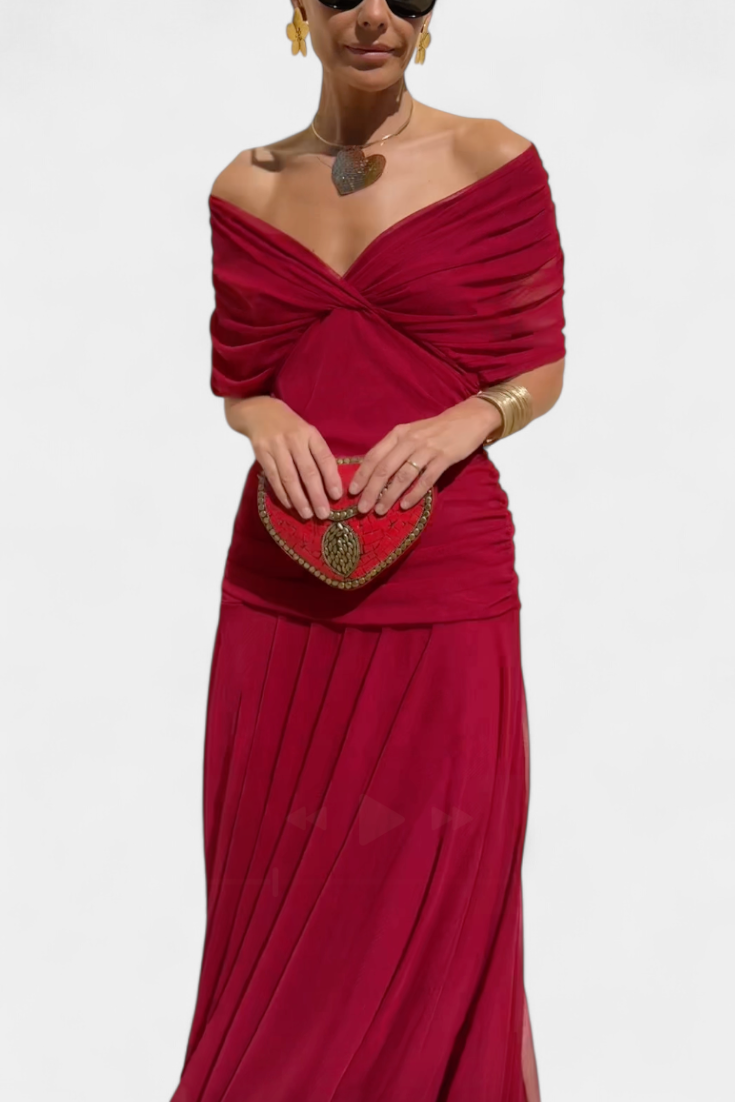 Elegant off-shoulder floral dress for women, maxi length, sweetheart neckline, party ready.