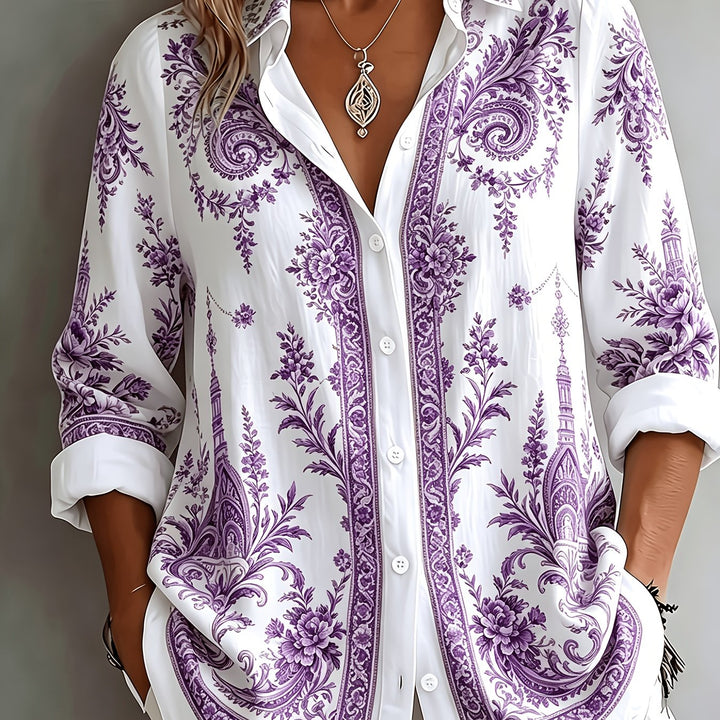 Everyday women's blouse, floral paisley pattern, long sleeves, designed for a relaxed fit.