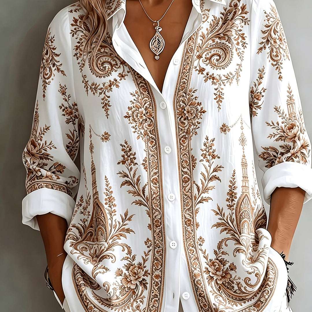 Women's comfortable long-sleeved blouse, floral paisley design, with a relaxed fit.