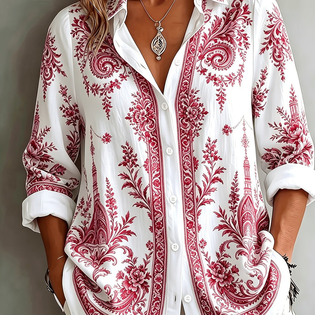 Women's summer floral paisley long sleeve top, relaxed fit, easy to style for any day.