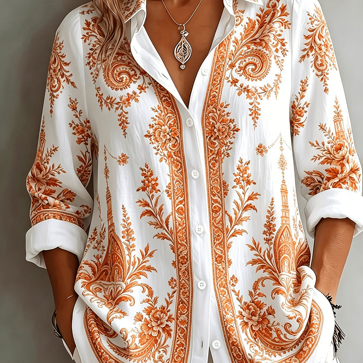 Relaxed women's floral paisley button-front blouse, long sleeves, for everyday chic.