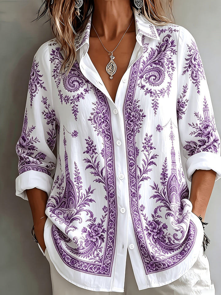 Button-down women's top, long sleeve, featuring a beautiful floral paisley pattern.