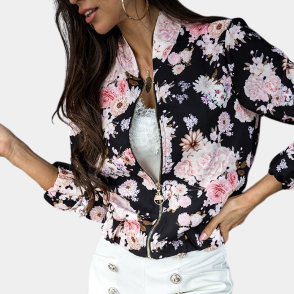 Elegant women's outerwear: a lightweight flower print zip-up jacket in a stylish bomber design.