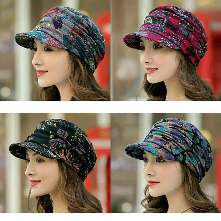 Back view of a women's pleated cap with a subtle floral design, ideal for winter fashion.