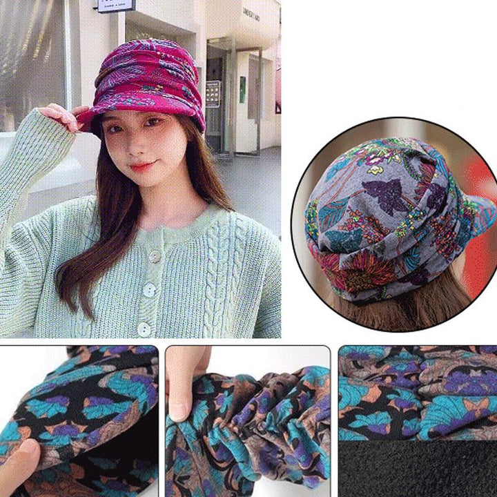 Women's floral pleated short brim cap in an outdoor winter setting, soft light, cozy feel.