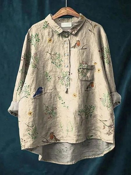 Everyday style women's floral print button-up blouse. Relaxed fit collared shirt, long sleeve.