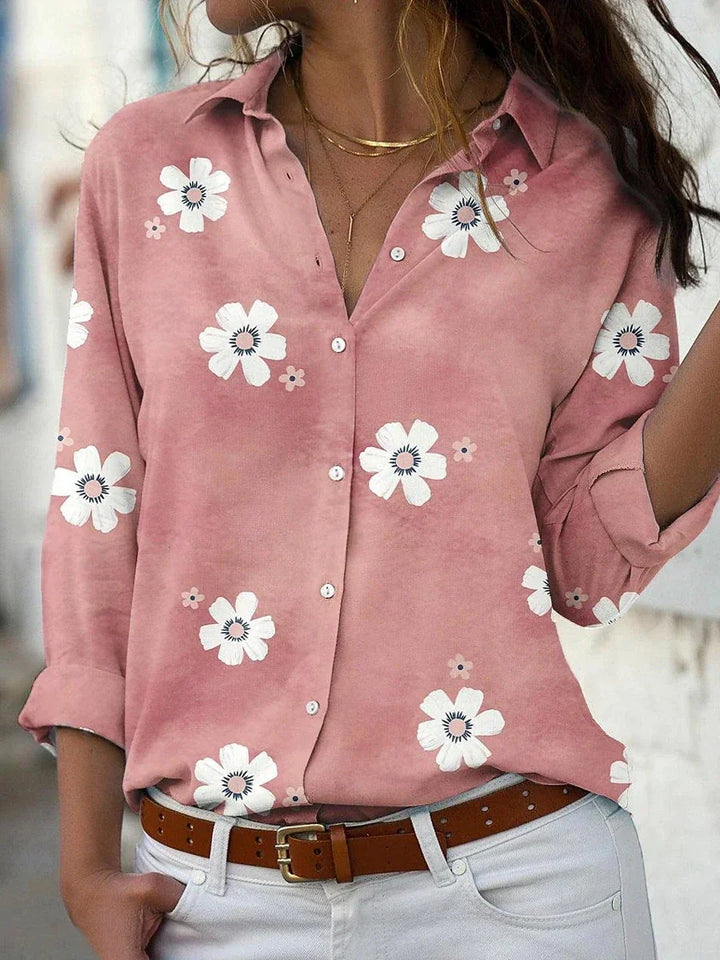 Women's floral print long sleeve button front blouse. Perfect casual top for spring and everyday wear.