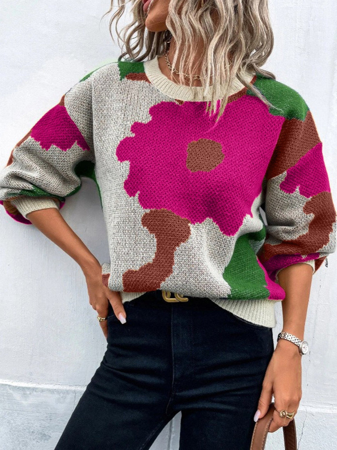 Women's floral print long sleeve pullover sweater, soft & stylish for casual wear