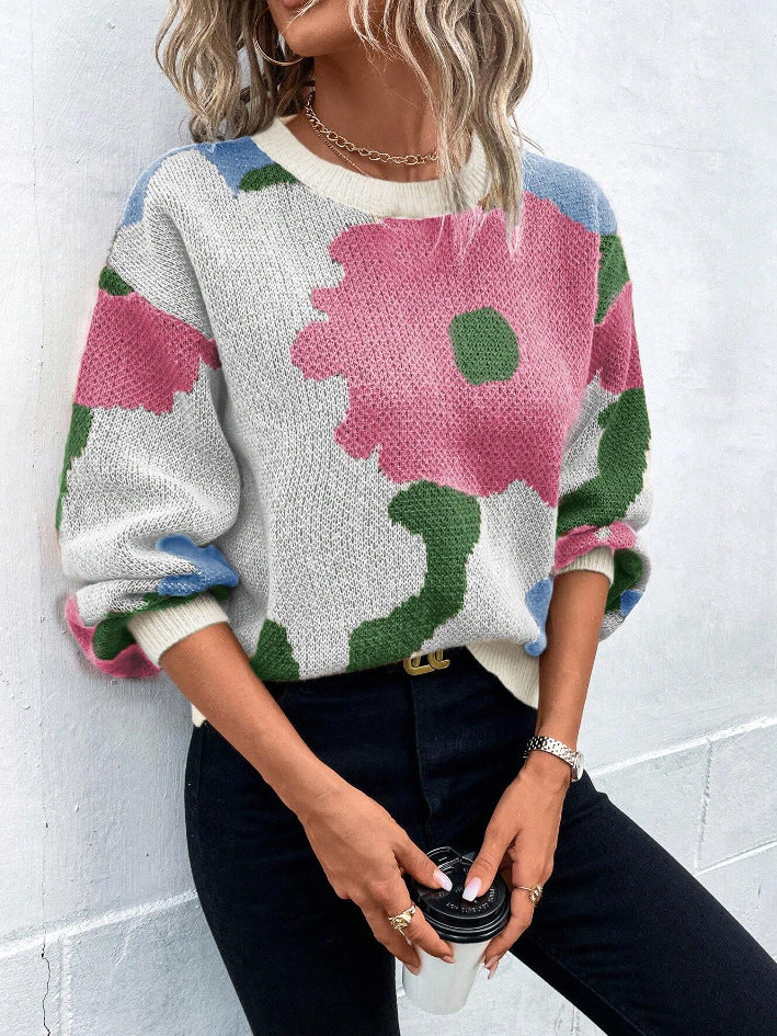 Stylish women's floral pattern long sleeve sweater, perfect for casual comfort