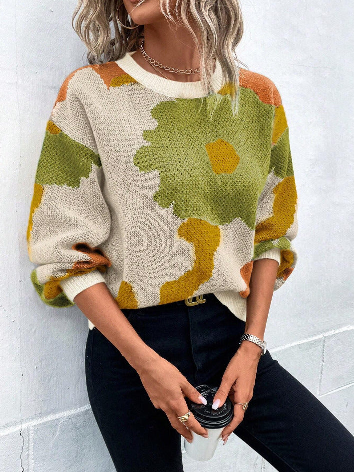 Elegant floral print women's long sleeve sweater, a comfortable and stylish pullover