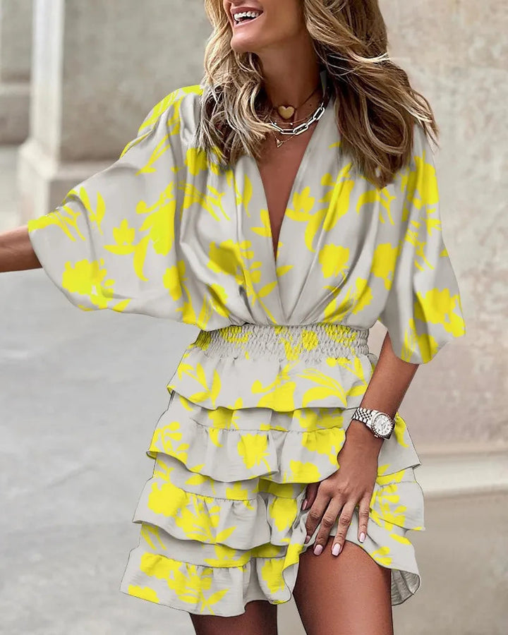 Women's floral print long sleeve wrap midi dress with ruffle tiered design, perfect for autumn casual wear.