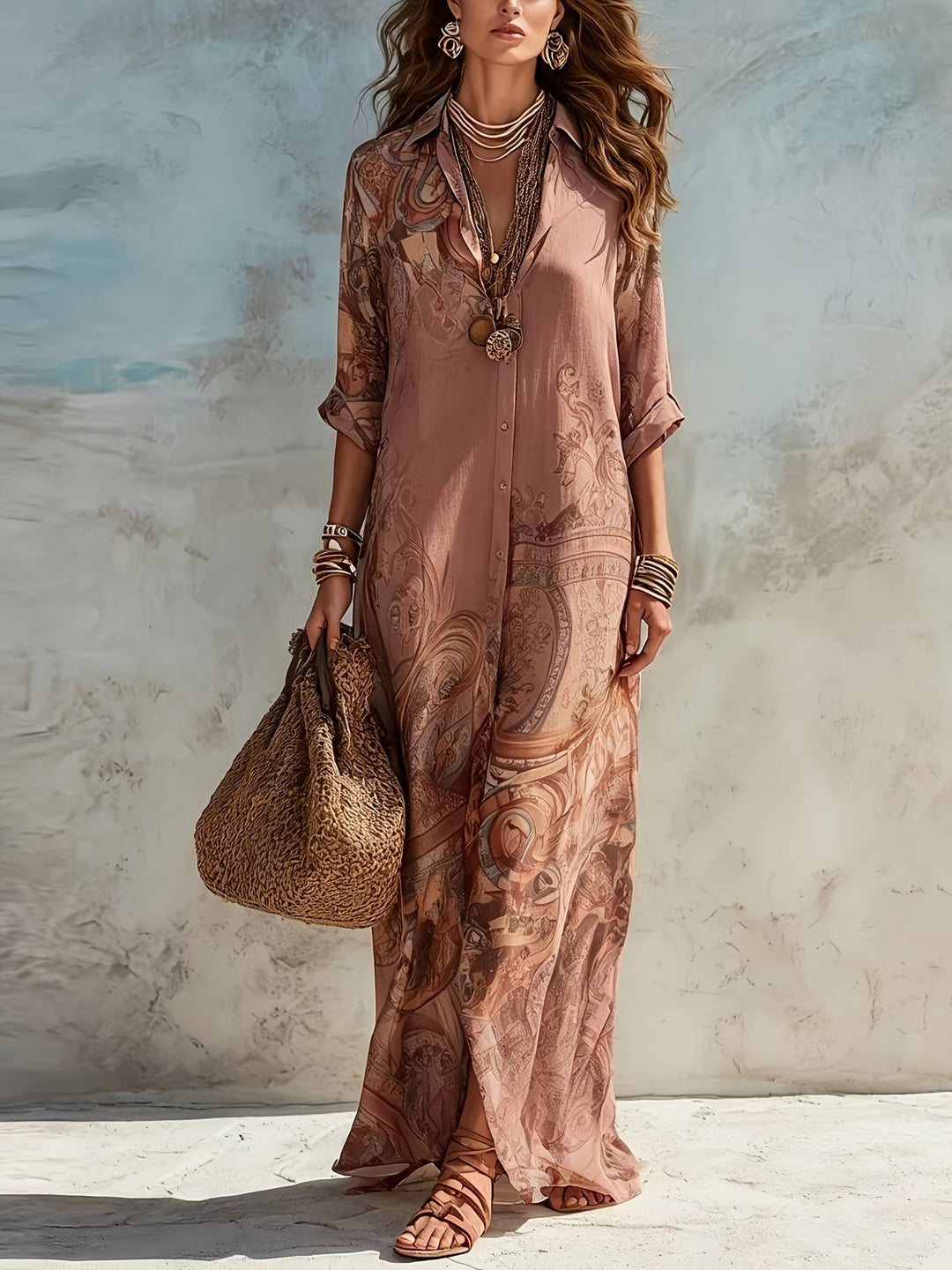 Vibrant floral print women's maxi dress with 3/4 sleeves, a chic choice for summer vacations.