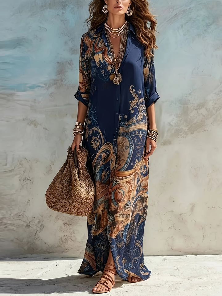 Three-quarter sleeve floral maxi dress for women, featuring a button front, perfect for resort elegance.
