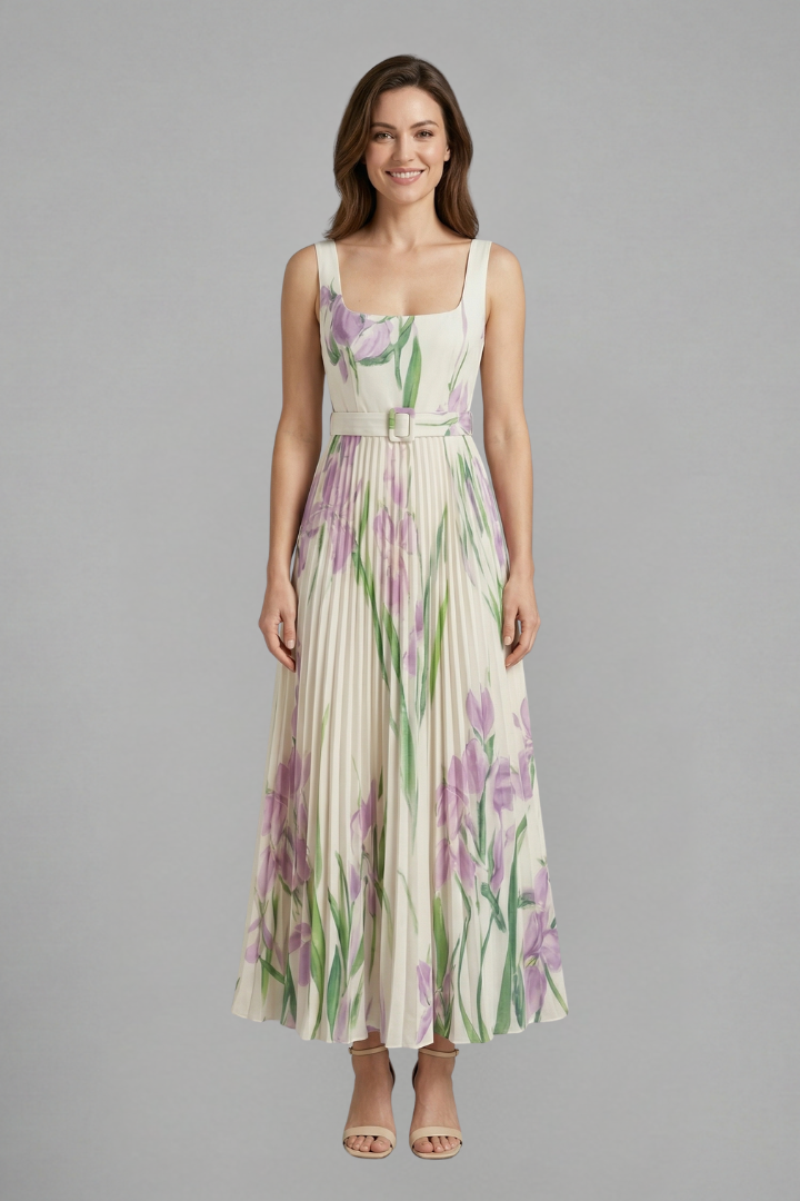 Flowy women's sleeveless maxi dress with a stylish square neck and beautiful pleated skirt for summer.