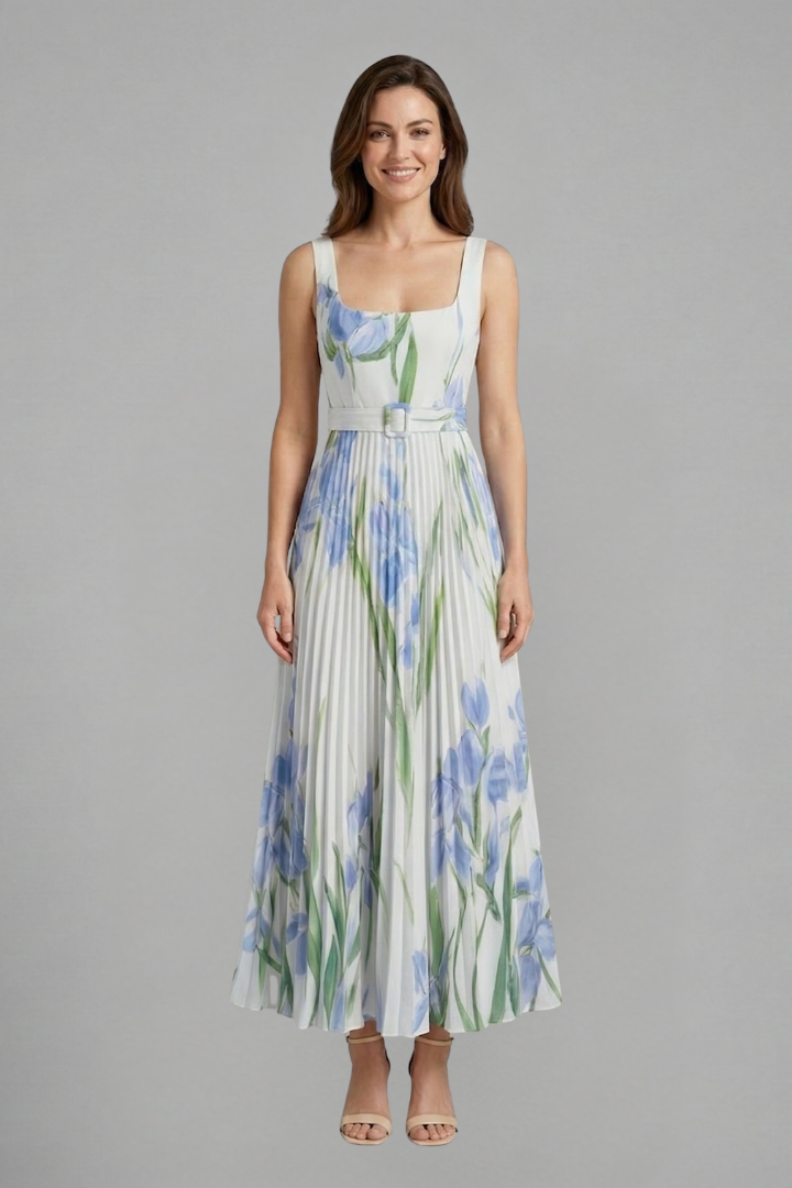 Long floral women's summer dress with square neck & pleated skirt, perfect for vacation or elegant parties.