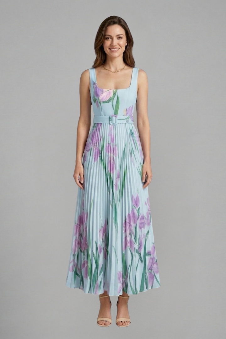 Stylish women's square neck maxi dress, sleeveless, with an elegant floral print & flowy pleated skirt.
