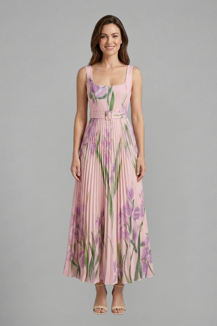 Chic women's floral print maxi dress with a flattering square neck and beautiful flowy pleated skirt.
