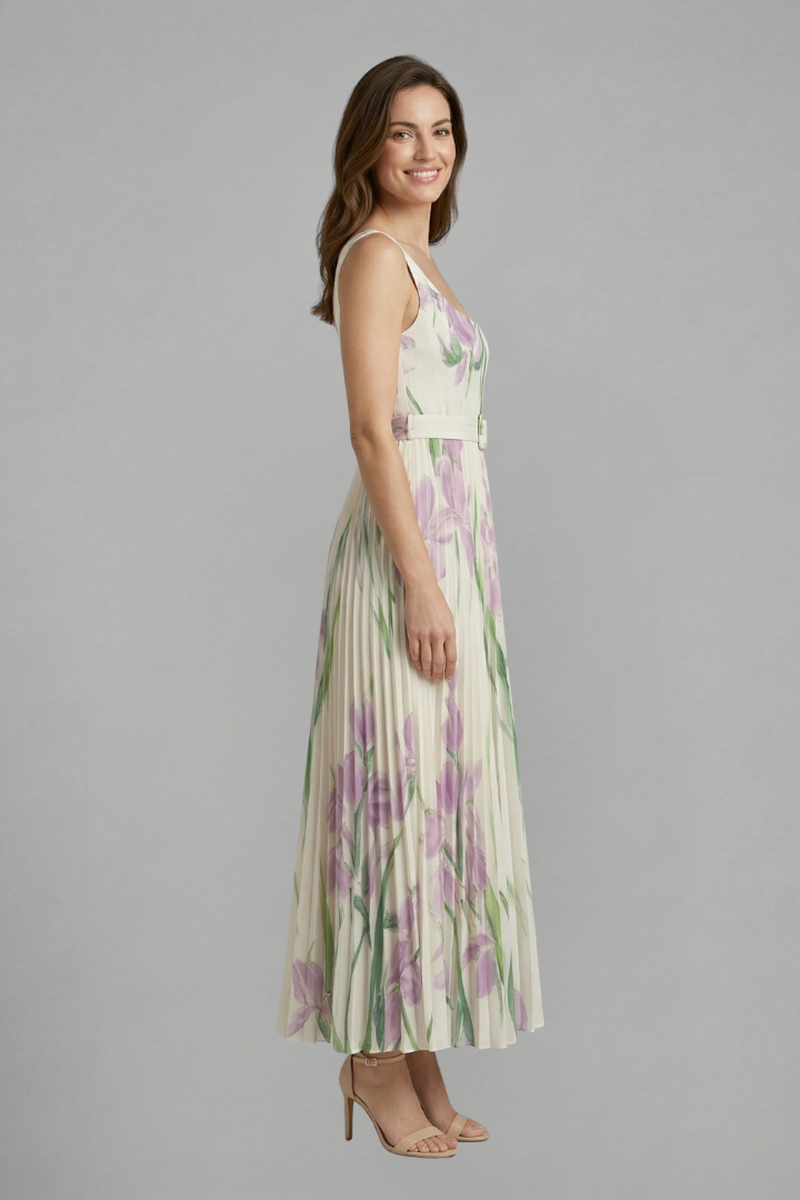 Women's elegant long summer dress featuring a square neck, sleeveless design, and pleated floral skirt.