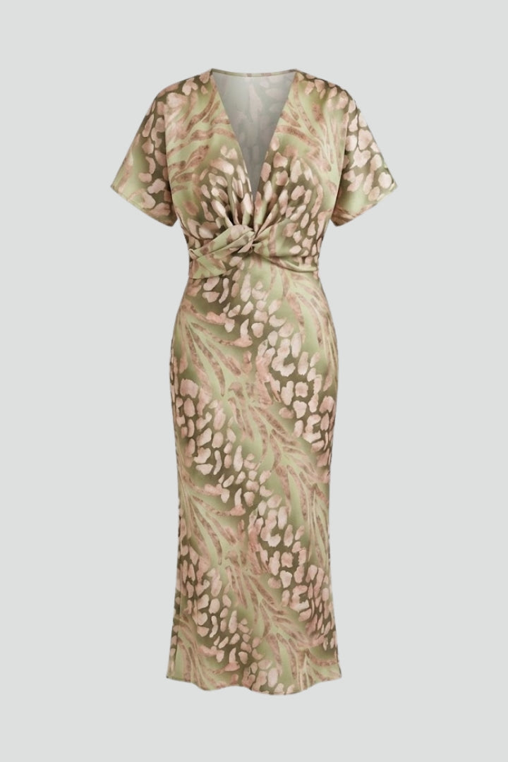 Women's floral print midi dress with pleated skirt, V-neck, and short sleeves, perfect for elegant summer occasions.