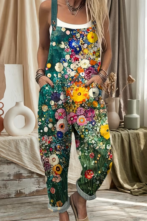 Relaxed fit women's floral suspender jumpsuit. Comfortable casual wear, ideal for spring outfits & summer vacation fashion.