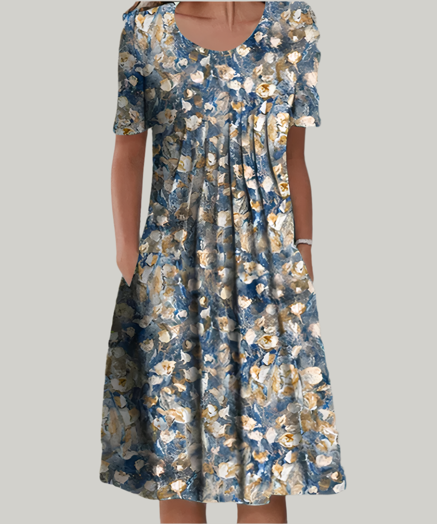 Casual women's summer midi dress, vibrant floral print, short sleeves. A comfortable & stylish outfit.