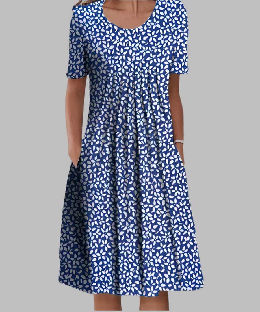 Comfortable women's short sleeve floral midi dress. Versatile casual or elegant summer wear, round neck.