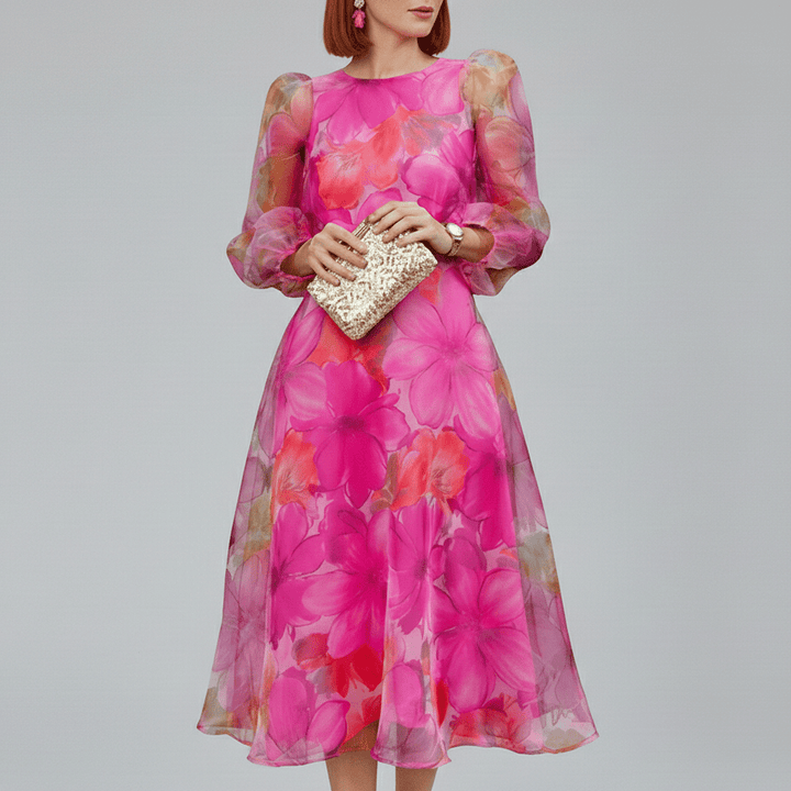 Women's floral puff sleeve A-line midi dress. Elegant wedding guest and party attire for special occasions.