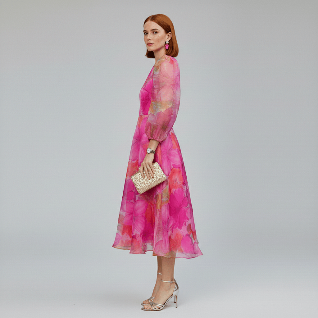 Beautiful floral print A-line midi dress for women. Features stylish puff sleeves, ideal for spring/summer events.