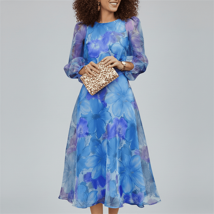 Women's elegant midi dress, floral pattern, puff sleeves. A-line cut, great for parties & special occasions.