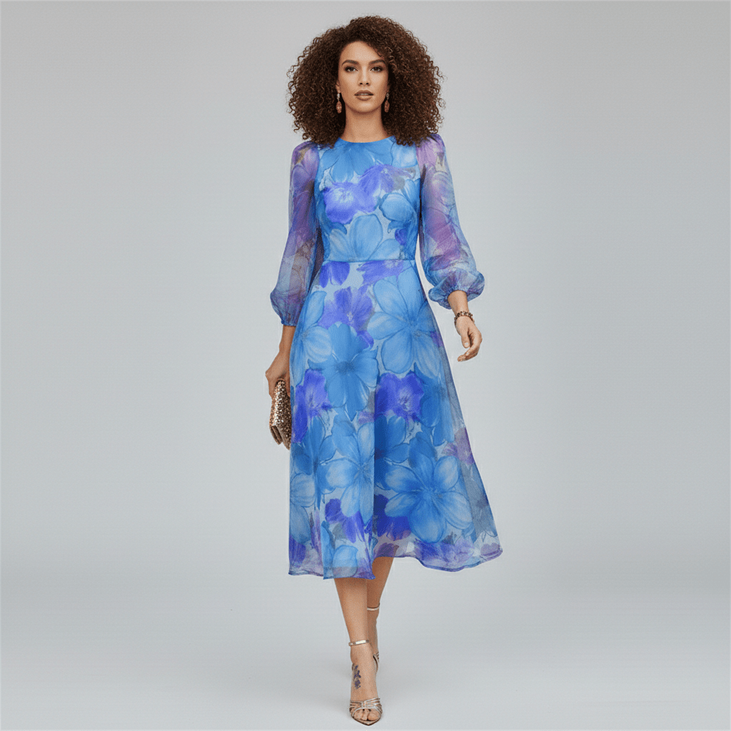 Stunning women's floral midi dress with puff sleeves & A-line design. Perfect wedding guest or party dress.
