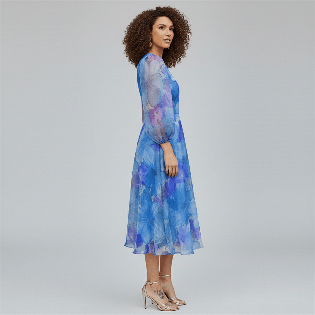 Vibrant floral puff sleeve A-line midi dress. Flattering design for women, suitable for elegant parties & weddings.
