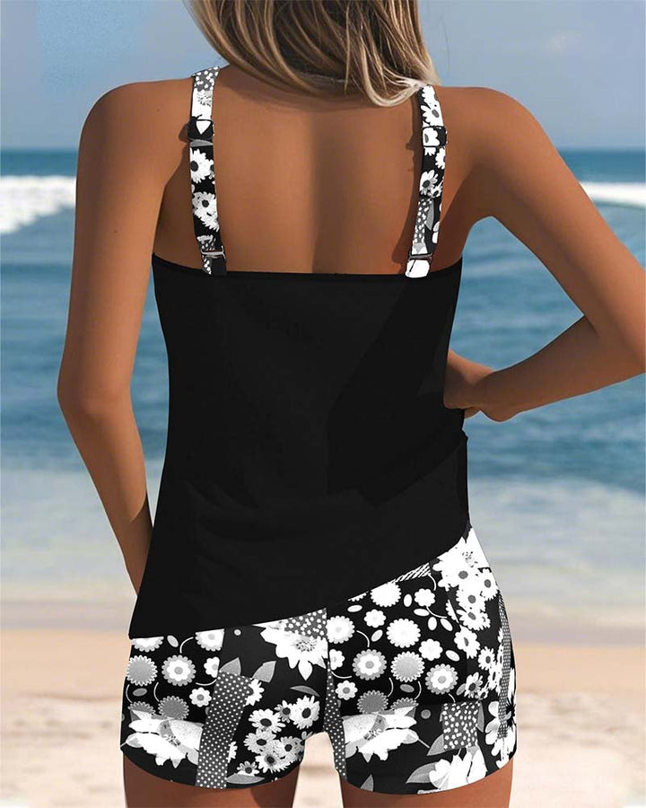 Scoop neck women's floral racerback tankini & boyshorts, a fashionable two-piece swimwear.