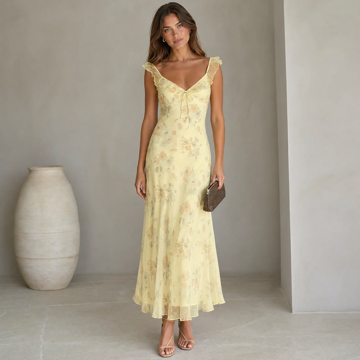 Women's floral sleeveless backless beach dress, perfect for summer vacations & resort wear.