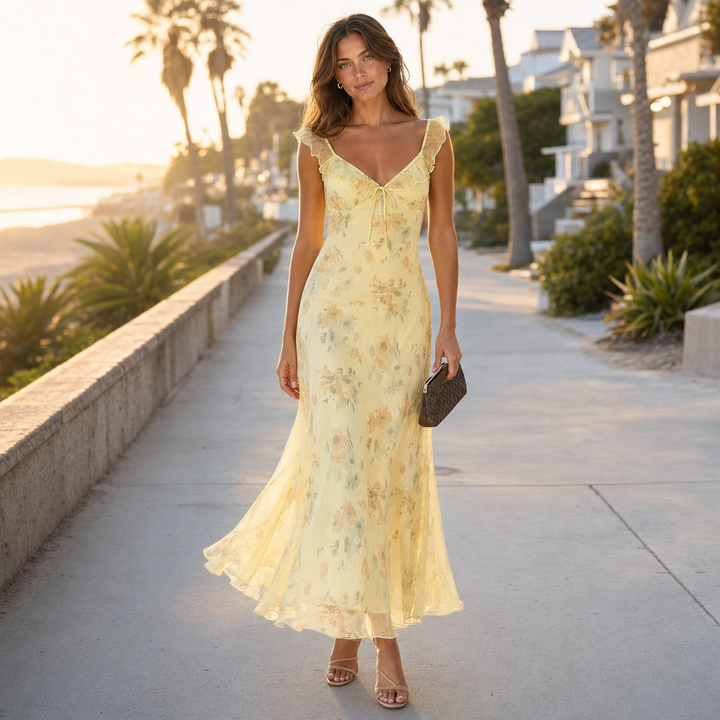 Stylish women's floral sundress. Sleeveless, backless design offers comfortable, flowy beach wear.