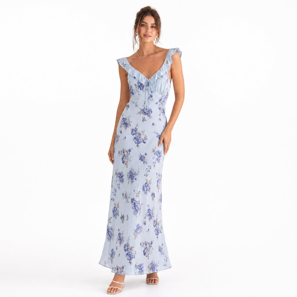 Casual women's backless floral beach dress. Sleeveless, ideal for warm weather, summer, & vacation.