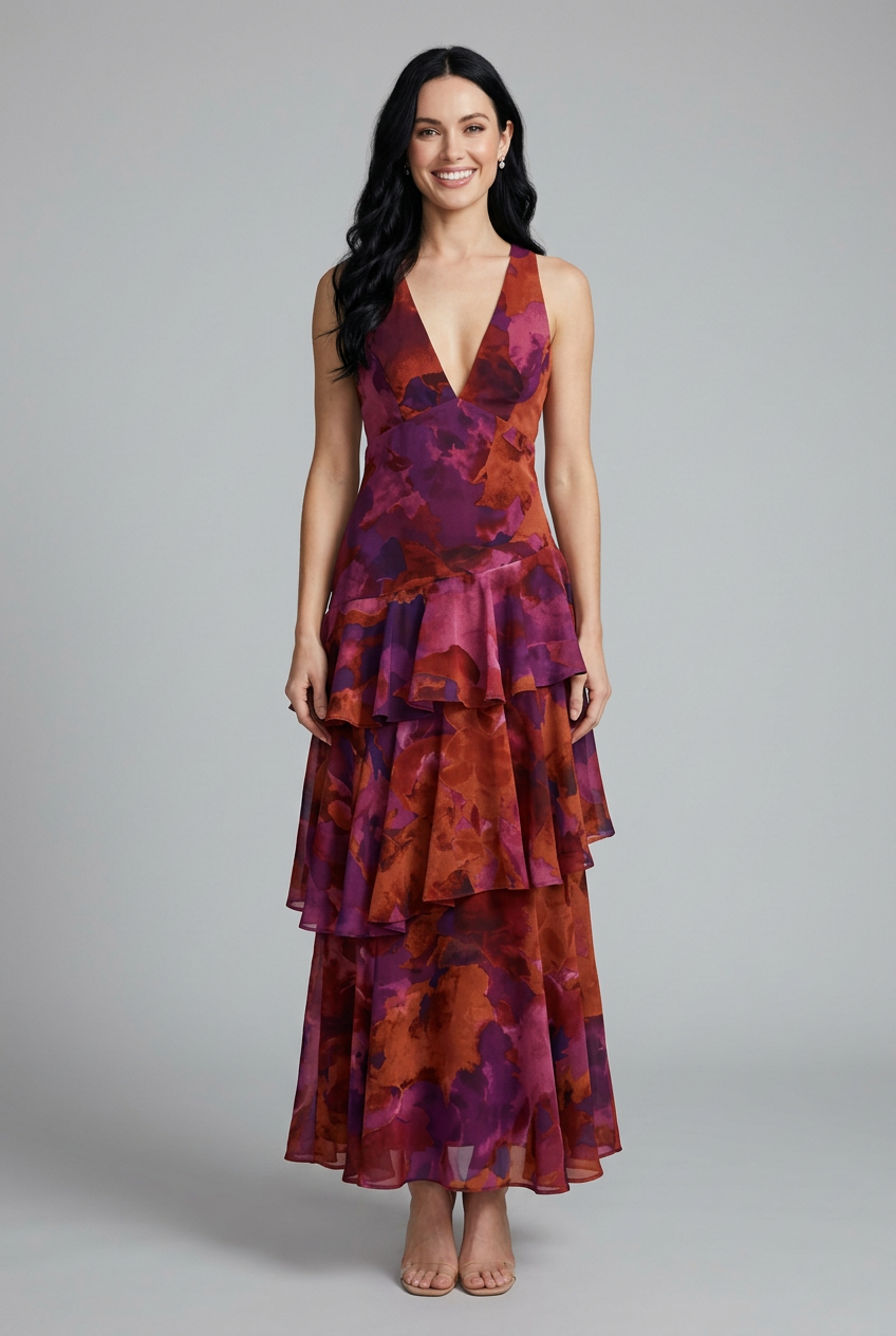Women's floral tiered maxi summer dress with effortless v-neck style, perfect for warm weather fashion.
