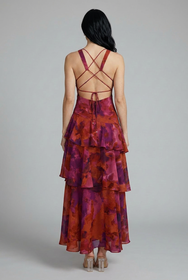 Casual women's floral summer maxi dress, comfortable tiered design with a flattering v-neck for everyday wear.