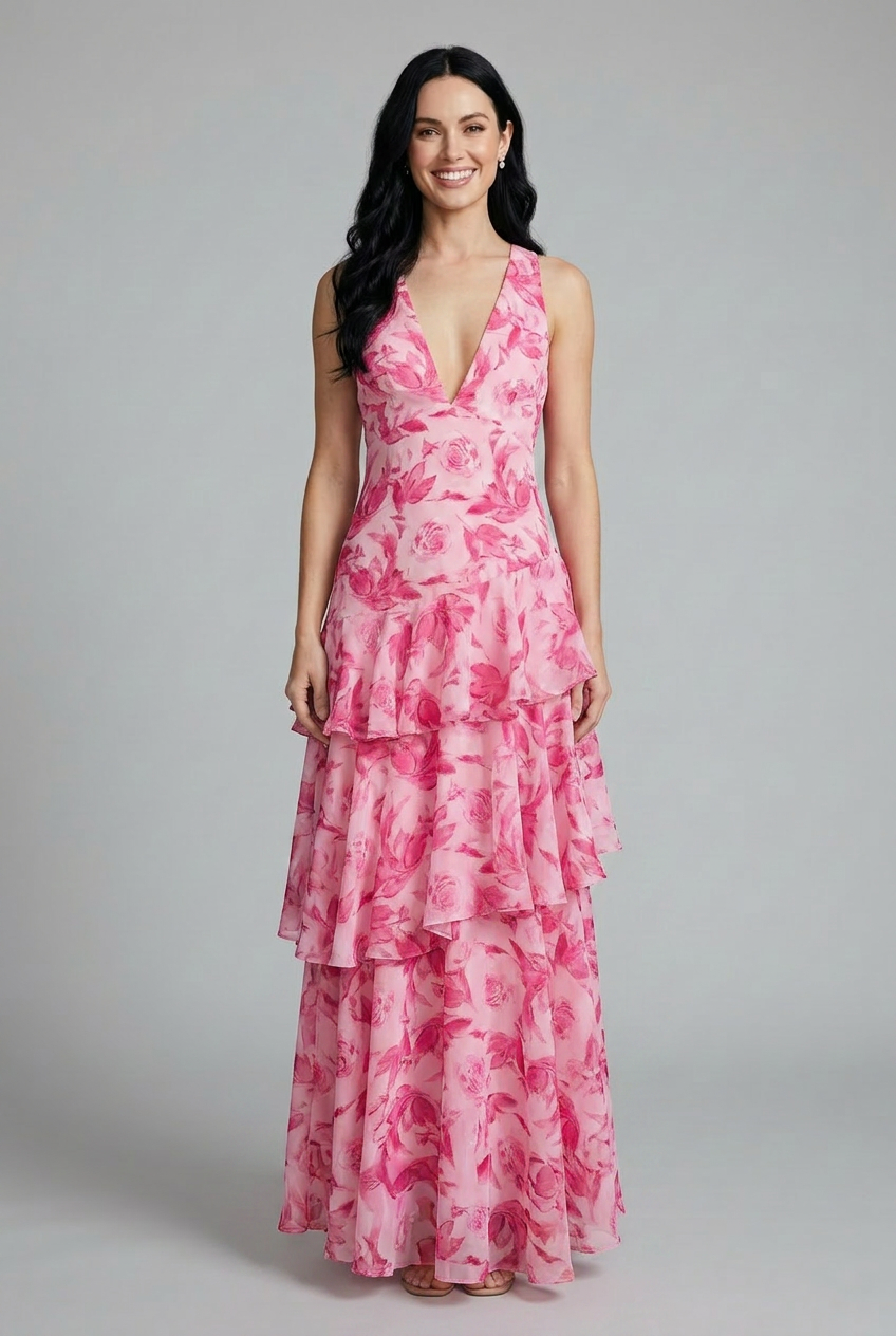 Elegant women's floral maxi dress featuring a beautiful tiered skirt and v-neck, ideal for summer outfits.