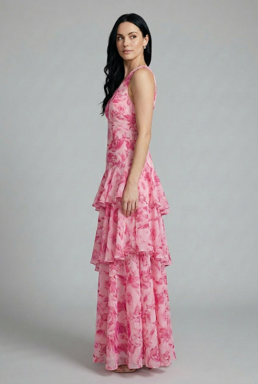 Sleeveless floral print maxi dress for women, with a chic v-neck and flowy tiered silhouette for summer.